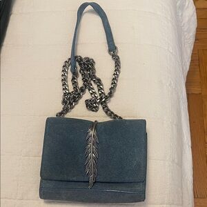 Zara Blue Crossbody Bag with Chain and Feather Accent